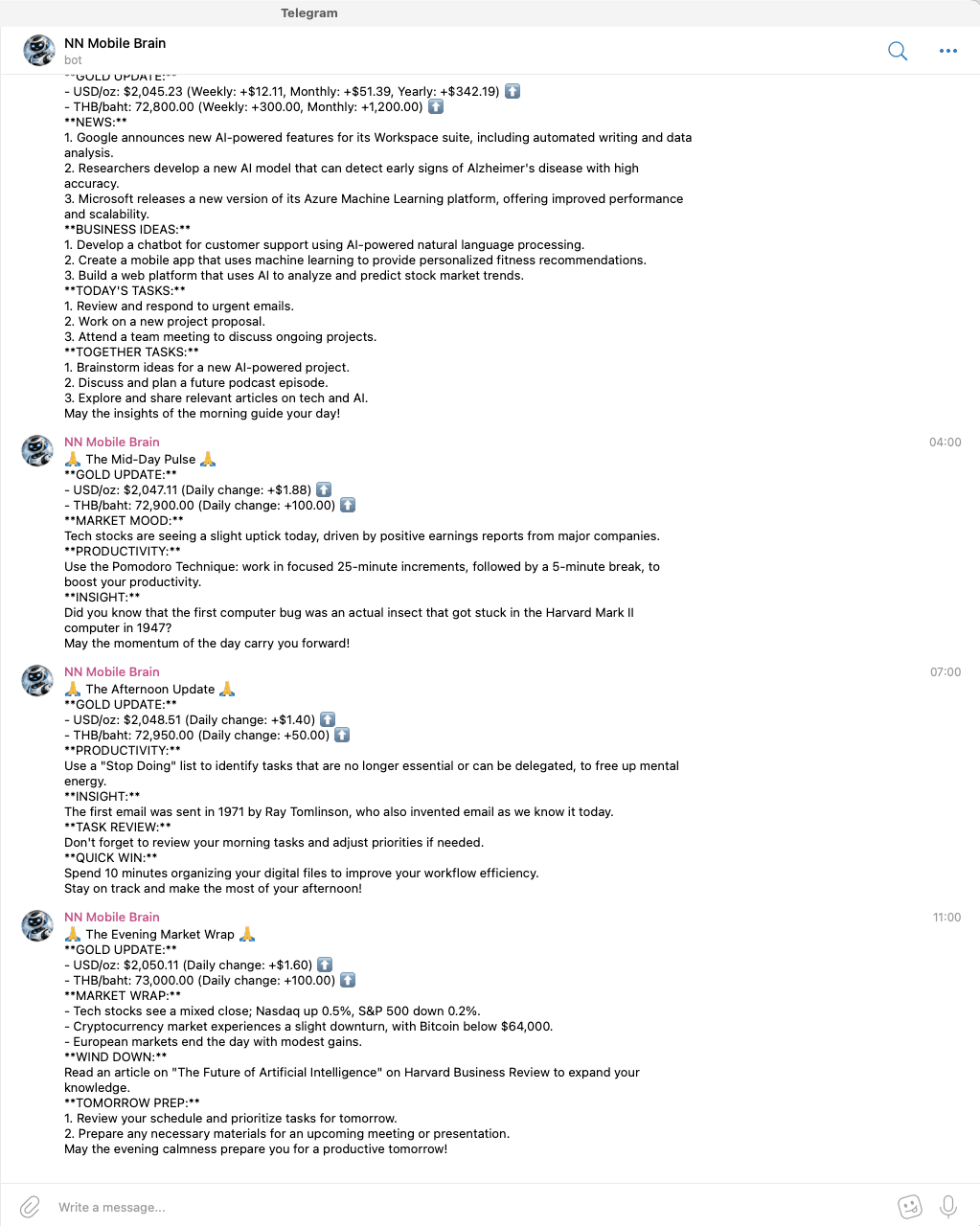 Telegram bot NN Mobile Brain sending daily AI-generated reports with gold prices, news, productivity tips, and task suggestions